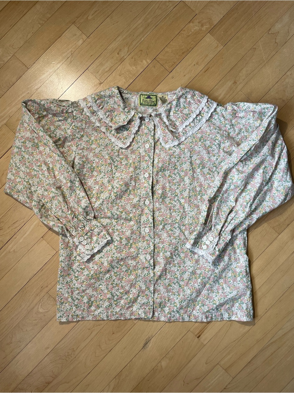 Vintage Ever Blue floral double collar long puff sleeve button up shirt